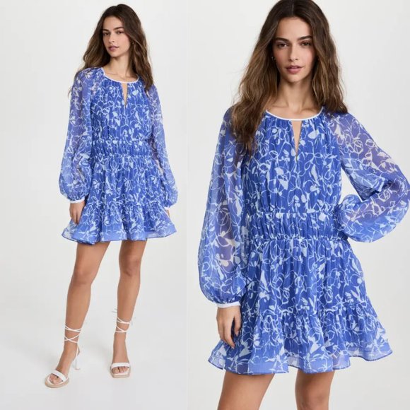 Jonathan Simkhai Harlowe Blouson Mini Dress Floral Print Pleated Keyhole Neck
